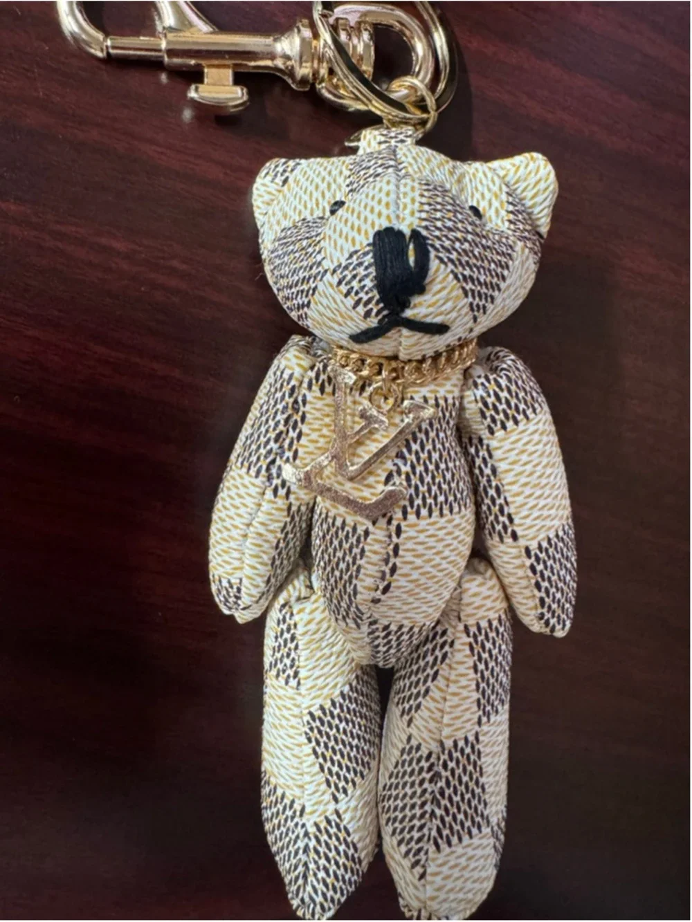 Handmade Designer Canvas Teddy Bear Keychain Charm Gold Tone